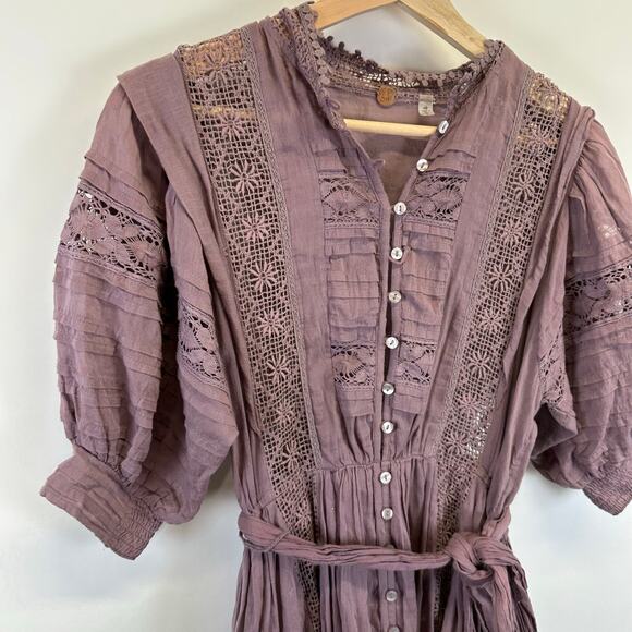 Free People Purple Button Front 3/4 Sleeve Lace Dress Womens Size Small Boho - Picture 8 of 16